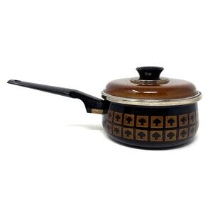VTG West Bend Le Provencal Enamelware 1.5 Qt Sauce Pan Lid Brown Spade Mushroom